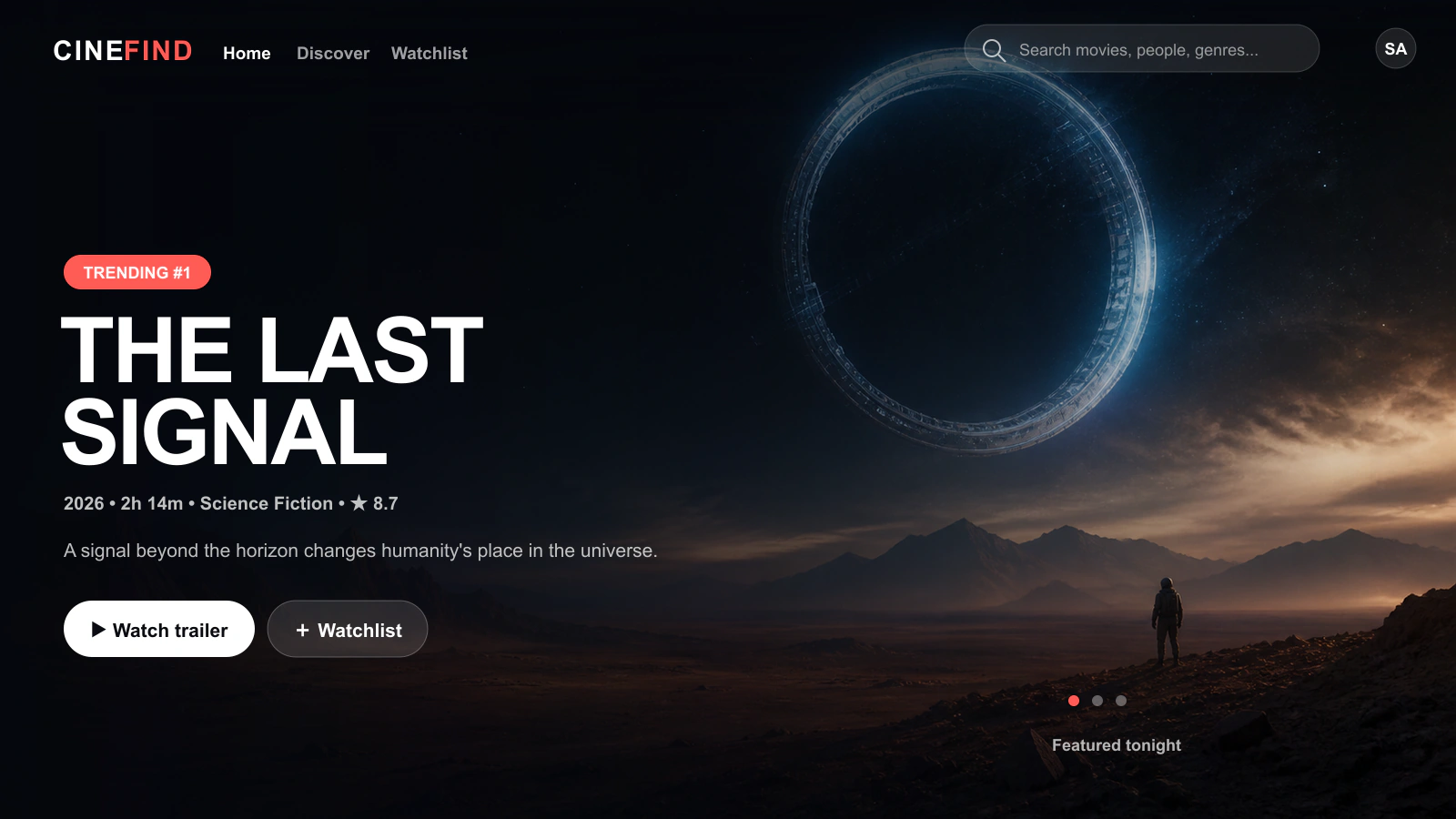 CineFind movie discovery home screen featuring The Last Signal