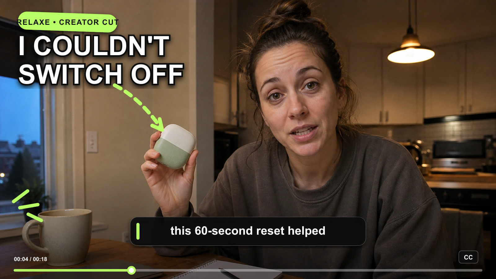 UGC creator holding a Relaxe pocket device with an I couldn't switch off performance-ad hook