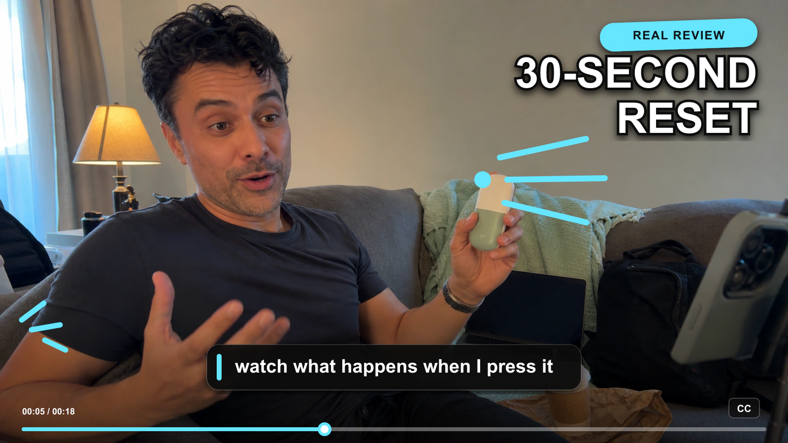 Relaxe UGC testimonial with a 30-second reset hook, subtitles, and motion graphics
