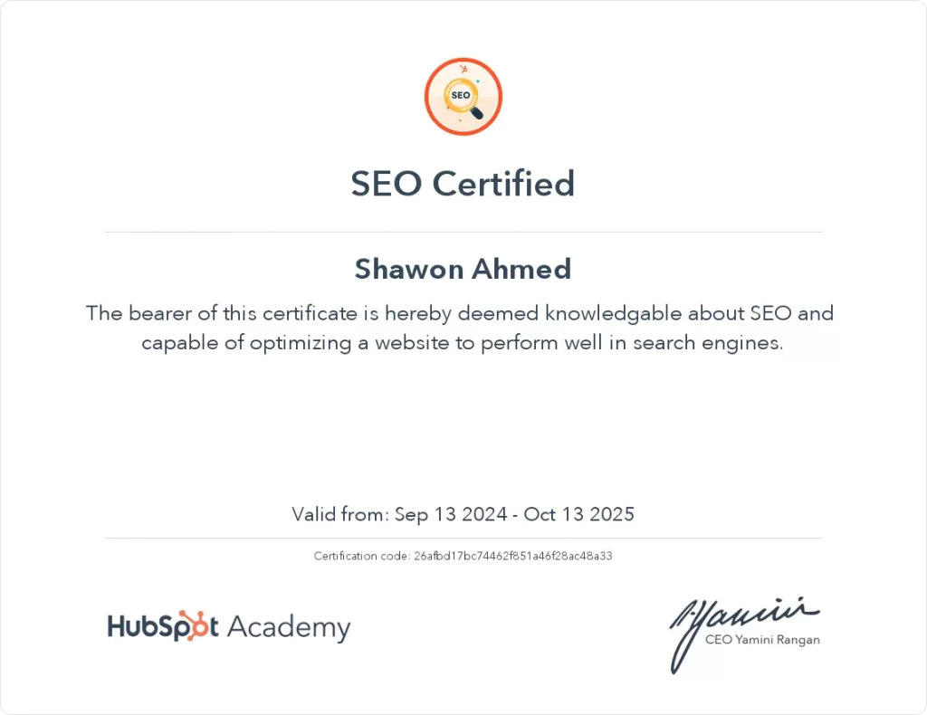 HubSpot SEO certification By Shawon Ahmed